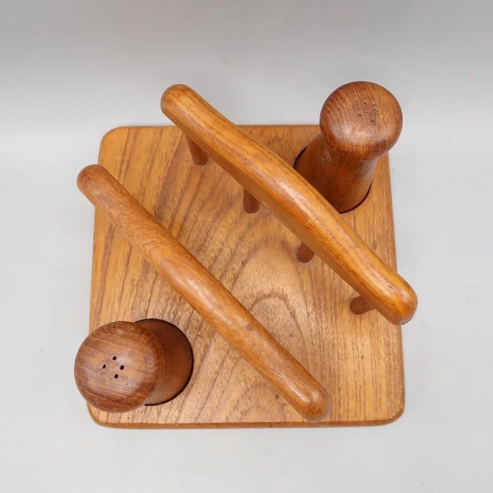 Vintage MCM Pepper and Salt Shaker in Wooden Napkin Holder Lord + Taylor Picnic